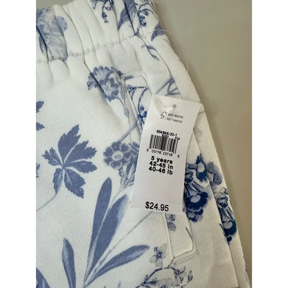 Gap Kids Sweatshirt Jogger Set Girls 5 XS Blue White Floral Fleece NWT Toile